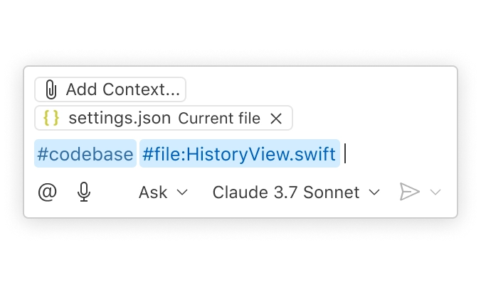A VS Code chat prompt. The prompt includes codebase and file context by writing #codebase and #file:HistoryView.swift in the message.